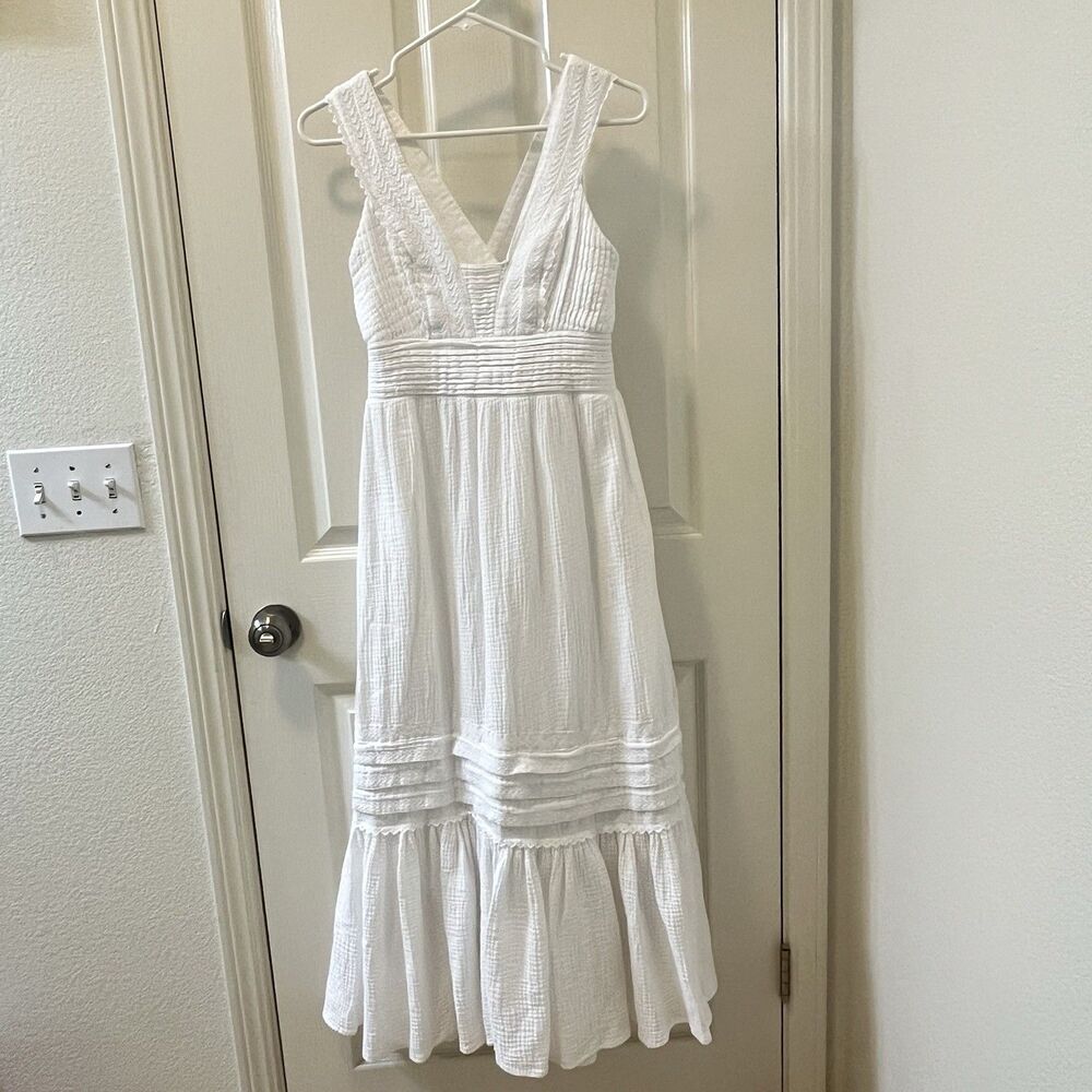 Magaschoni White Maxi Dress Organic Cotton Gauze Tiered Lace Trimmed Size 6